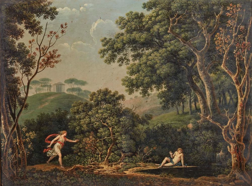 Paesaggio mitologico con figure allo stagno